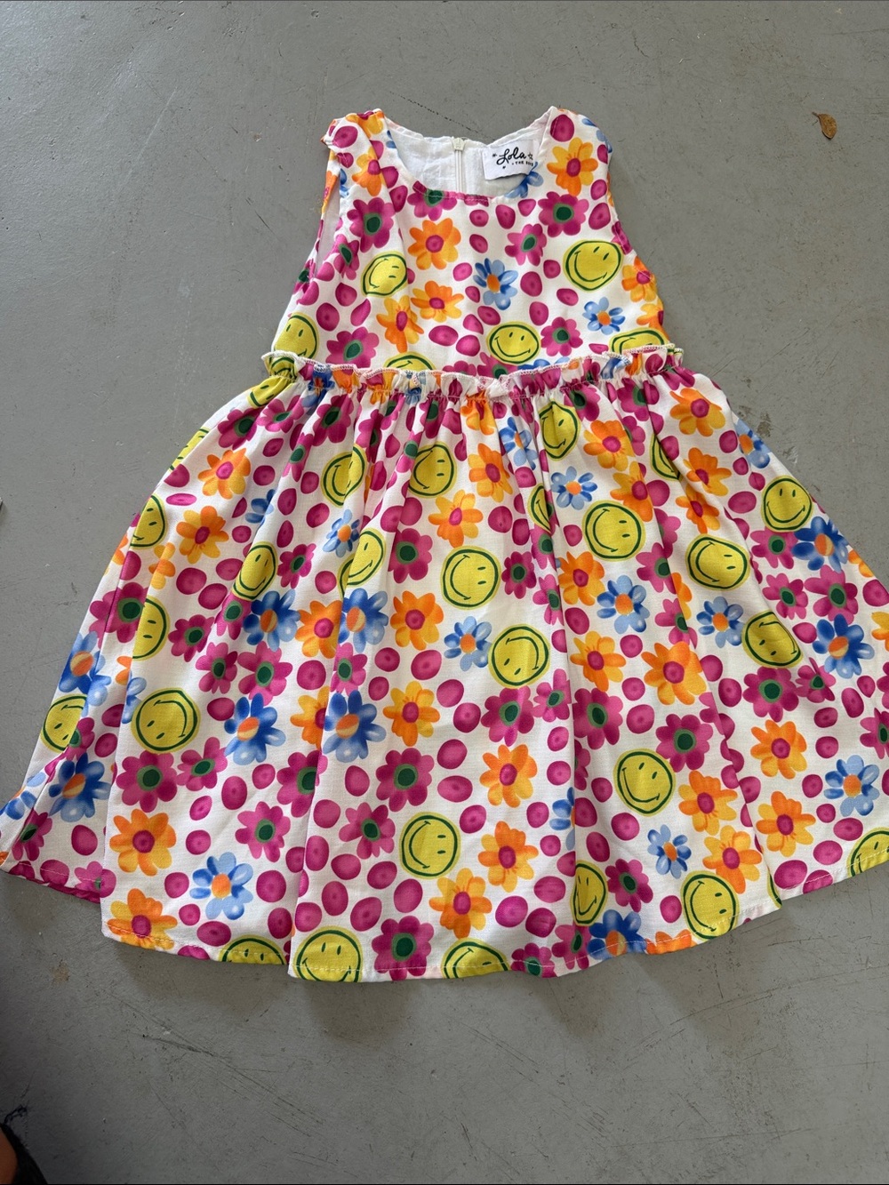 Lola + The Boys White Dress with Yellow Smiley Faces and Multicolor Flowers